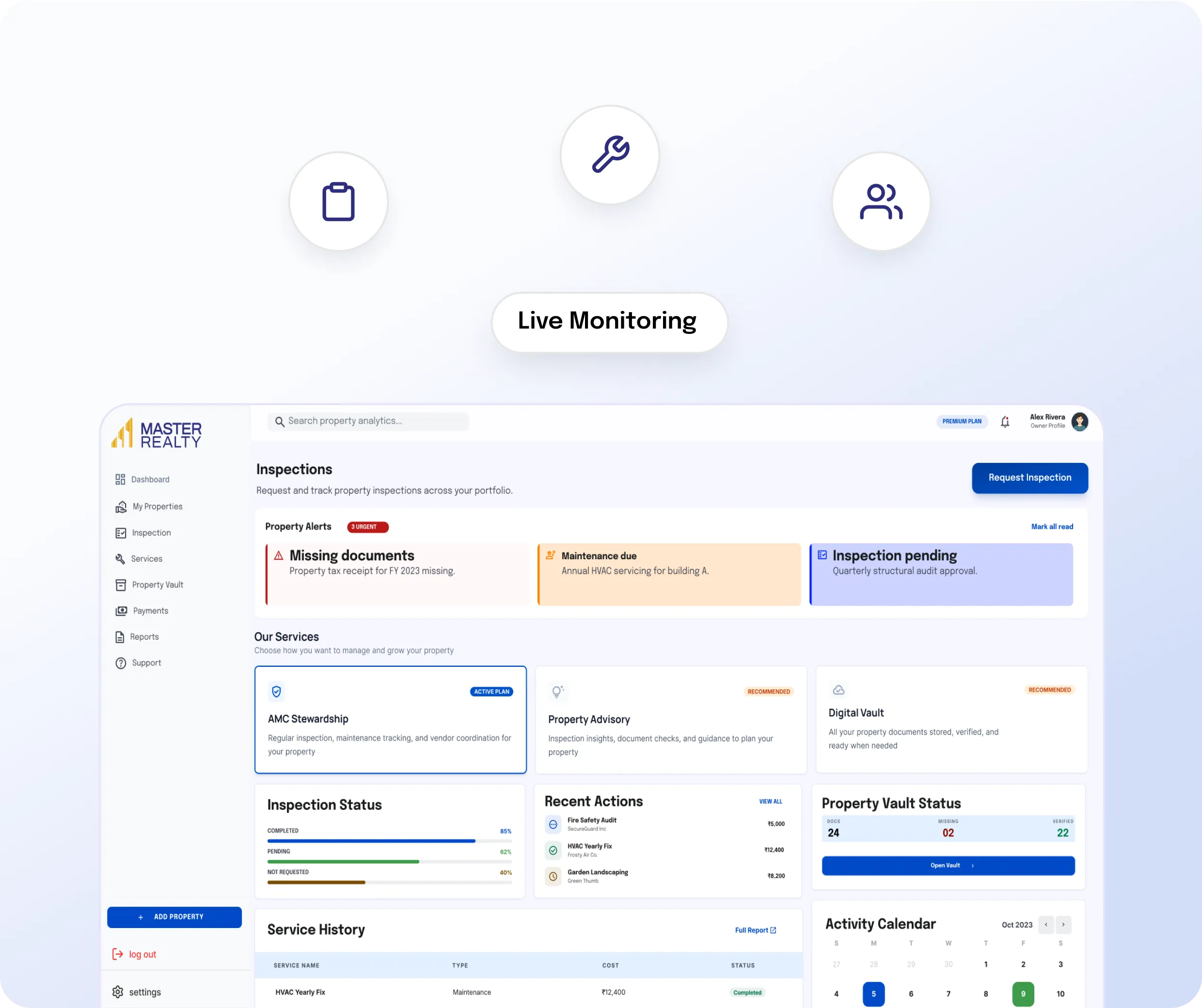 Live monitoring of property management activity